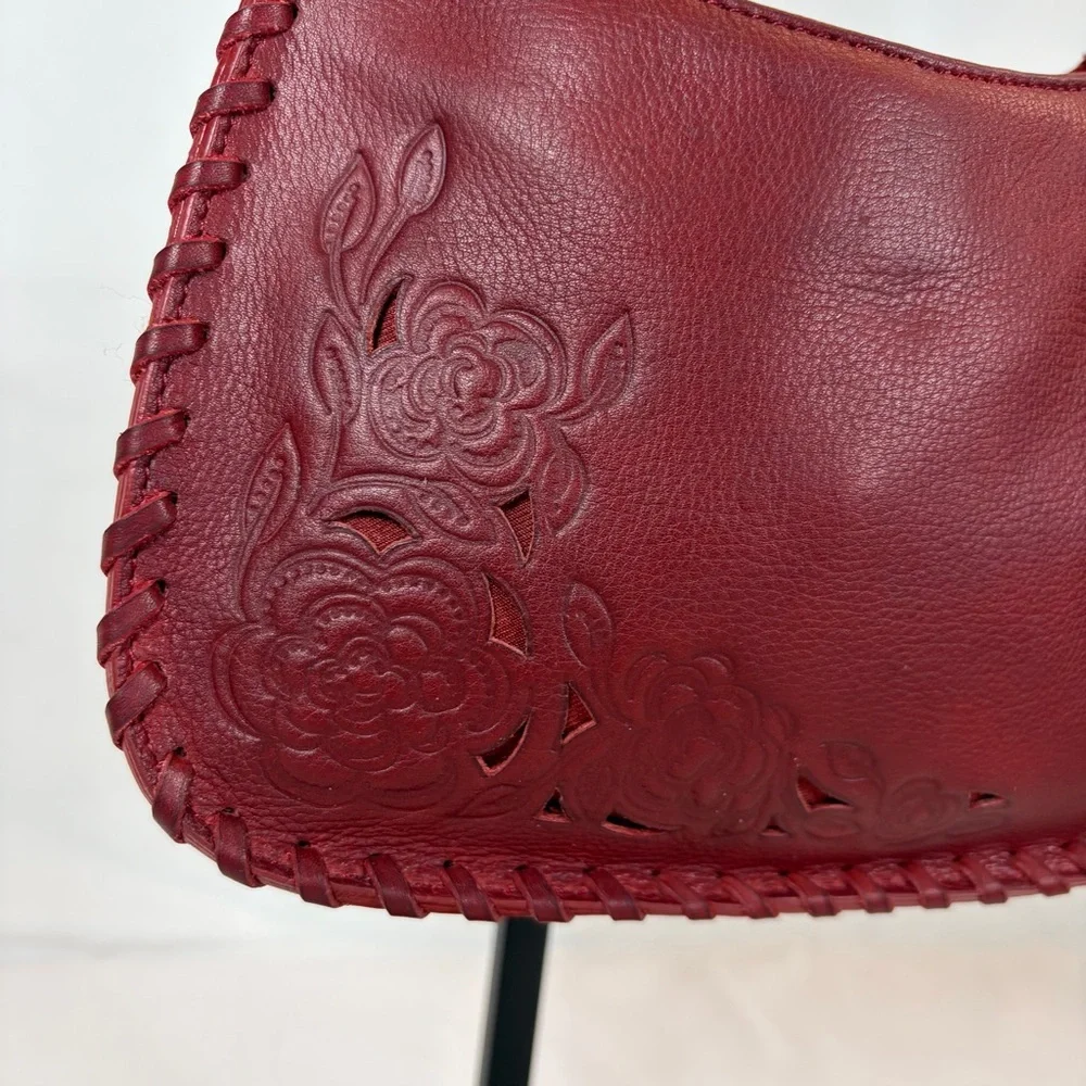 Y2K Genuine Leather Oxblood Shoulder Bag Embossed Floral - Picture 3 of 10